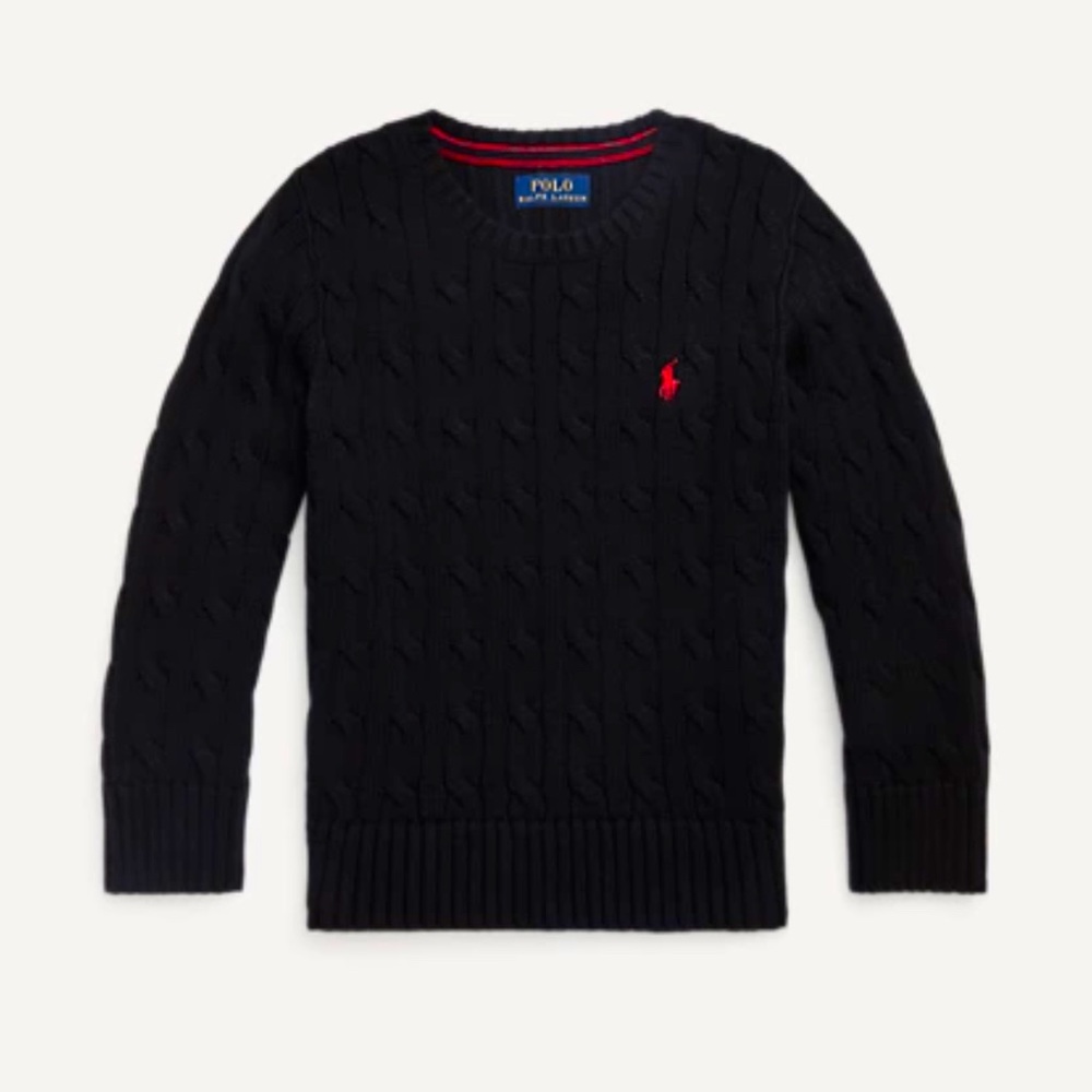 Ralph Lauren Cable-Knit Cotton Sweater, Boys Size 7, Black W/ Red Logo, NWT